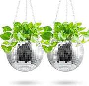 2 Pcs Disco Ball Planters, 8 Inch Mirror Flower Pots, With Chain and Wooden Stand, Hanging for Indoor Outdoor Plants (20cm)