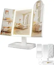 Makeup Vanity Mirror with Lights, Rechargeable Lighted Makeup Mirror with 2X 3X Magnification, Portable Led Leather Pattern Advanced Makeup Mirror with 3 Colors Lights, for Women Girls (White)