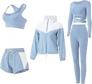 Nesyd Workout Sets for Women 5 Piece Yoga Exercise Gym Outfits Sport Running Athletic Clothing Set Tracksuits Activewear