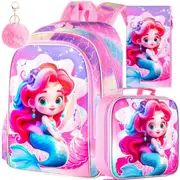 3 Piece Girls Backpack Set 16 Inch Princess Fish Design With Lunch Box