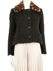 Green Alpaca Detachable Leopard Collar Coat