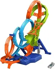 Hot Wheels Toy Car Track Set with 4 Loops, 3-Way Crash Zone and Motorized Booster, Folds for Storage, with 1:64 Scale Toy Car