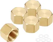 uxcell 5Pcs Brass Hex Head Plug Compression Cap Fitting Stop Valve Cap,1/4" Hex Thread Pipe Fitting Flare Cap Tubing Ends Sealing Cap with Gasket for Air Conditioner, Water, Gold