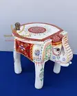 Wood Elephant Stool Hand Made White Embossed Painted Indian Art