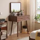Walnut Colored Wood Bedroom Dressing Table with Stool and Illuminated Mirror
