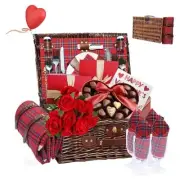 Wicker Picnic Basket for 4 with Insulated Cooler & Red & Blue Checkered