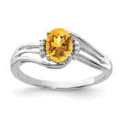 Sterling Silver Rhodium Plated Diamond and Citrine Oval Ring