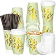 100Sets 12oz Sage Green Disposable Coffee Cups with Lids and Straws Gold Foil Mr