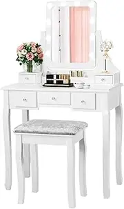 CHARMAID LED Vanity Set with 10 Dimming Light Bulbs, 3-Slot Removable Organizer, 5 Drawers, 2 Dividers, Dressing Makeup Table with Lighted Mirror and Cushioned Stool for Bedroom Bathroom (White)