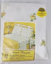 Sears Vtg NOS Full Fitted French Floral Bouquet Percale Sheet Yellow Floral 60s