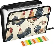 Quteprint 13 Pockets Expanding File Folder with Zipper Closure, Vintage Roosters Pattern Accordion File Folder with Sticky Labels, Letter Size A4 Papers Expandable File Document Organizer
