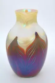 Iridescent White Vase With Gold & Red Pulled Feather Design.