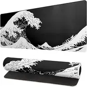 Siski Japanese Sea Wave Large Mouse Pad, Abstract Black Gaming Mousepad, Extended Kanagawa Mat Desk Pad, 3mm Thick Long Non-Slip Rubber Base Mice Pad for Office and Home, 31.5 X 11.8 Inch