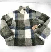 Bearpaw Plaid Sherpa Fleece Coat Lined Women's Size XL Olive Blue Ecru Puffer