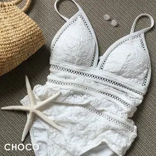 Choco Shop 華麗凡爾賽‧刺繡蕾絲鏤空透視連身泳衣泳裝(白色) M-XL