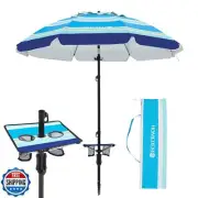 HOMEDEMO 7ft Heavy Duty High Wind Beach Umbrella With Foldable Table and Hook