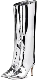 [Shoe'N Tale] Women's Knee High Boots Pointed Toe Stiletto High Heel Metallic Party Dressy Slip-on Booties Shoes