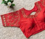 RED Festival Wear Blouse | Heavy Embroidered with Sequins | Malai Silk | Padded