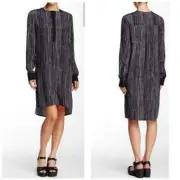 Vince Silk Shift Dress S Black White Wavy Stripe Split Sides Henley Women's New