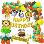Jungle Animals Balloon Garland Kit - Foil Balloon Birthday Banner - Animal Shaped Foil Balloons - Tablecloth - Cake Toppers for Kids Safari Theme Birthday Party Decorations