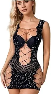 [Generic] Sexy Fishnet Lingerie Set for Women Sparkle Rhinestone Neck Deep V Mini Dress Mesh Bodysuit