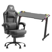 Advwin Gaming Office Desk 120cm LED Light & Gaming Chair with Footrest Fabric Gray Blue