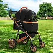 i.Pet Pet Stroller, 3 in 1 Cat Dog Carrier Backpack Travel Strollers Pram Seat Trolley Outdoors Transport Carriers, Folding with 4 Wheels Lockable Water Resistance Black
