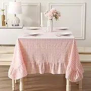 K MASANIJI 100% Cotton Blush White Plaid Ruffled Table Cloth Rectangular 120x60 in Buffet Cottage Coquette Checker Gingham Vintage Decorative Tablecloth (Blush/White Plaid, 120x60 inches)