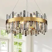 USOR Modern Crystal Chandelier, 12 Lights Gold Pendant Light D60cm Contemporary Round Smokey Gray K9 Crystal Lighting for Dining Living Room Kitchen Island 3 Color Temperature Bulbs Included