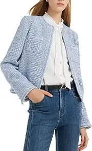 [GOELIA] Tweed Blazer Jackets for Women Stand Collar Single-Breasted Off White Jacket Women