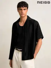 Reiss Black Melba Jacquard Stripe Cuban Collar Shirt (F97843) | $225
