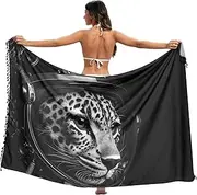[PDZRMY] Women Sarong Swimsuit Coverups Cheetah Astronaut Black White Chiffon Bikini Wraps Skirt with Tassels L