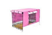 Wire Dog Cage Crate 42in with Tray + Cushion Mat + PINK Cover Combo