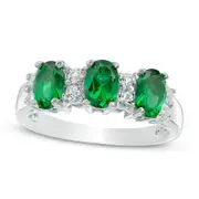 Oval Lab-Created Emerald and White Sapphire Three Stone Ring in Solid 10K White Gold