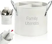 Pumtus Vintage Utensil Holder, 4 Compartment Metal Silverware Caddy with Removable Divider, Rotating Spatula Crock for Countertop, White Cooking Utensil Organizer for Spoons Knives Forks