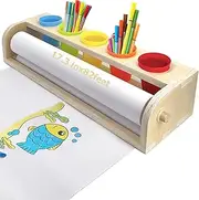 Table Top Paper Roll Dispenser with Paper 17.3inx82ft Wooden Tabletop Easel Art Paper Roll for Kids Craft Paper Holder with Pencil and Cups for Coloring Drawing