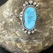 Blue Kingman Turquoise Native American Navajo Sterling Silver Ring Size 6 18594