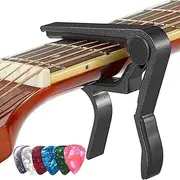 Quick Change Guitar Capo for 6-String Acoustic, Electric, Classical Guitar and Ukulele - Includes 6 Picks (Black)