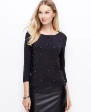 Ann Taylor Beaded Crepe Top, Rayon Spandex, 3/4 Sleeves, Navy, Size M, NWT