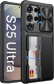 Vihibii for Samsung Galaxy S25 Ultra Case with Card Holder (4 Cards), [RFID Blocking] & Slide Camera Cover & Military Grade Drop Protection, Heavy Duty Wallet Case for Samsung Galaxy S25 Ultra, Black