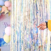 Pack of 2 Neon Clear Fringe Curtains 3.28 ft x 6.56 ft Neon Clear Foil Backdrop Tinsel Curtains Neon Clear Metallic Door Streamer Photo Booth Wedding Graduations Birthday Christmas Event Party Supply