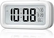 Small Digital Alarm Clock, Bedside Desk Table Electronic Clock, Back to School Digital Clock with Smart Night Light 12/24H Display Snooze Function for Office Kitchen Living Room Bedroom (White)