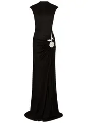 David Koma Floral-embellished Satin-jersey Gown - Black And Silver - 12 (UK12 / M) 12 (UK12 / M)