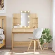 Sonoma Oak Dressing Table with Adjustable LED Lights and Utility Mirror, 96x40x142 cm, Ample Storage Space, Durable Engineered Wood, Elegant Bedroom Furniture, Vanity Desk with 2 Drawers