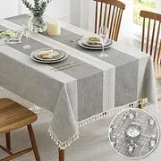 QIANQUHUI Embroidered Tablecloth for Dining Table,Dust Proof Spillproof Soil Resistant Cotton Linen Rectangle Table Cloths (Grey Lines, Rectangle/Oblong, 55'x70'', 4-6 Seats)