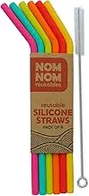 Nom Nom Kids Reusable Silicone Straws | Rainbow Colours | Pack of 6 | Fits Drinks cartons | Cleaning Brush Included | BPA Free