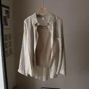 Long-Sleeve Collared Plain Shirt / Plain Cami Top Only Camisole Top - Khaki - One Size