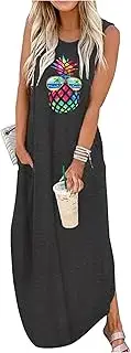 [CHUNTIANRAN] Good Vibes Rainbow Pocket Sleeveless Maxi Dress for Women Summer Hawaiian Beach Casual Tank Dresses Plain T Shirt Dress