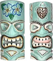 Set of 2 – Aqua Teal Tiki Mask – Unique Hand Carved Wall Hanging or Freestanding Sculpture – Tropical Polynesian Flowers and Hawaiian Sea Turtle – Tribal Party Beach Luau Bar Decor