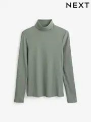 Khaki Green Long Sleeve Ribbed Roll Neck Top (D02332) | $8